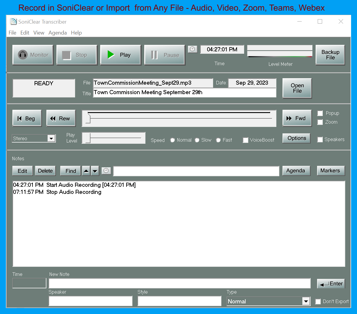 screenshot of SoniClear Cloud Transcription
